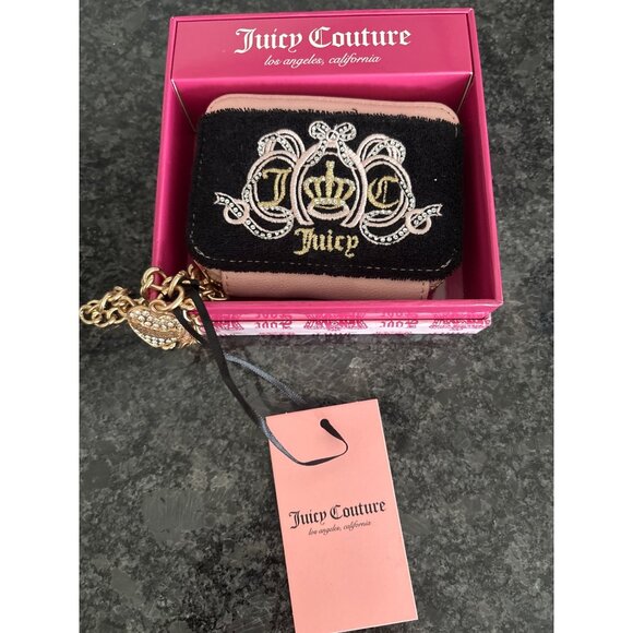 Juicy Couture Black Pink Velvet Crown Embroidered Coin Purse Gold Chain Charm - Picture 1 of 13